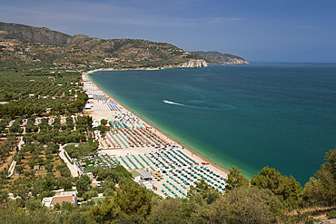 View looking north over the beach resort of Mattina with Gargano promontory in distance, Mattinata, Foggia Province, Puglia, Italy, Europe