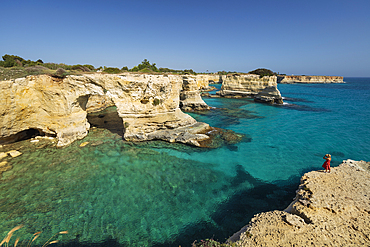 Rock stacks and crystal clear sea of the Faraglioni di Sant Andrea, Torre di Sant Andrea, Melendugno, Lecce Province, Puglia, Italy, Europe