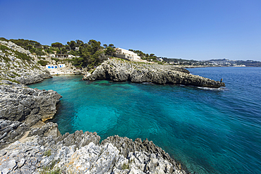 Cala dell Acquaviva beach and rocky cove looking along coast to Castro, Castro, Lecce Province, Puglia, Italy, Europe