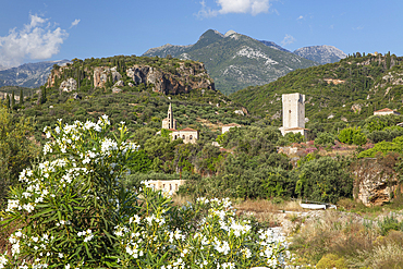View of Kardamyli old town with Mourtzinos Tower and mountains, Kardamyli, Mani, Messenia, Peloponnese, Greece, Europe