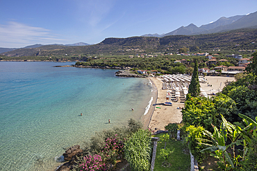 View over Kalogria beach in summer, Stoupa, Mani, Messenia, Peloponnese, Greece, Europe