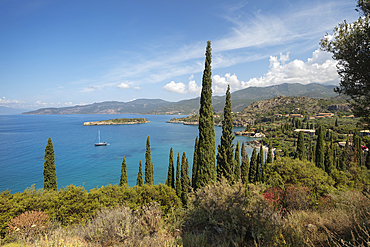 View of Kalamitsi beach and coastline with cypress trees, Kardamyli, Mani, Messenia, Peloponnese, Greece, Europe