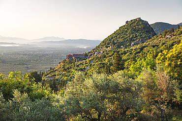 View at sunrise over the Mystras Archaeological Site, Mystras, Laconia, Peloponnese, Greece, Europe