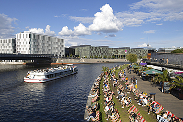 Capital Beach bar viewed from Gustav Heinemann bridge over the River Spree, Berlin, Germany, Europe