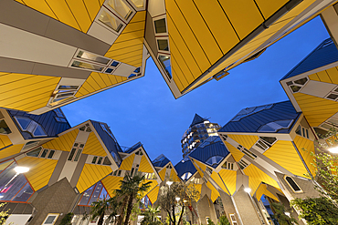 Cube houses lit up at night, Rotterdam, Netherlands, Europe