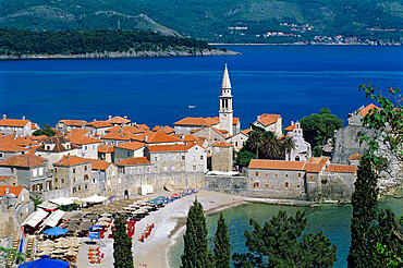 View over Old Town and bay, Budva, The Budva Riviera, Montenegro, Europe