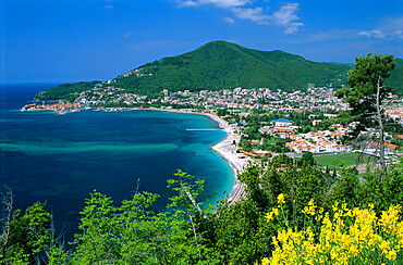 View over town and Slovenska Beach, Budva, The Budva Riviera, Montenegro, Europe