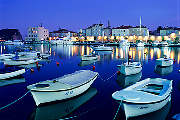 Harbour and old town at dusk, Budva, The Budva Riviera, Montenegro, Europe