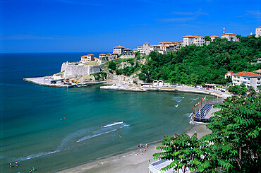 View over beach to the old fortified city, Ulcinj, Haj-Nehaj, Montenegro, Europe