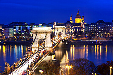 Chain Bridge and St. Stephen's Basilica at dusk, UNESCO World Heritage Site, Budapest, Hungary, Europe