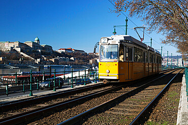 Tram alongside the Danube River, Pest, Budapest,  Hungary, Europe