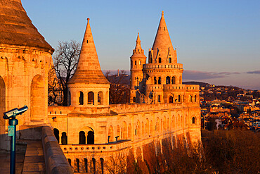 Turrets of Fishermen's Bastion (Halaszbastya) at dawn, Buda, Budapest, Hungary, Europe