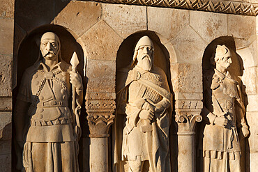 Statues on Fishermen's Bastion (Halaszbastya), Buda, Budapest, Hungary, Europe