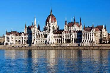 The Parliament (Orszaghaz) across River Danube, UNESCO World Heritage Site, Budapest, Hungary, Europe