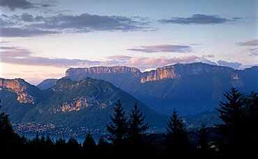 Sunset over mountains above Lake Annecy, Lake Annecy, Rhone Alpes, France, Europe