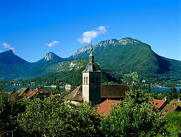 View over village, Talloires, Lake Annecy, Rhone Alpes, France, Europe