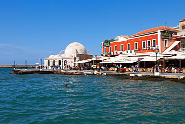 View over Venetian Harbour to Mosque of the Janissaries, Chania (Hania), Chania region, Crete, Greek Islands, Greece, Europe