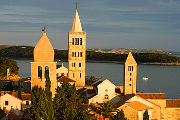 Sunset over campaniles of old town, Rab Town, Rab Island, Kvarner Gulf, Croatia, Adriatic, Europe