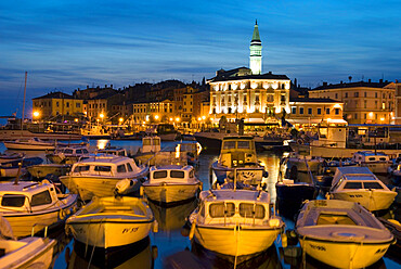 Dusk over harbour and St. Euphemia's Church, Rovinj, Istria, Croatia, Adriatic, Europe