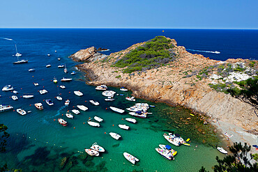 Cove filled with pleasure boats, Sa Tuna, near Begur, Costa Brava, Catalonia, Spain, Mediterranean, Europe