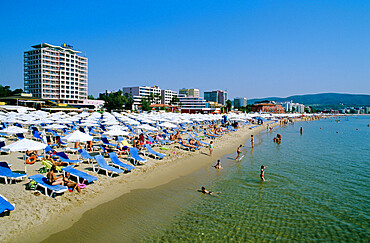 Beach scene, Sunny Beach, Black Sea coast, Bulgaria, Europe