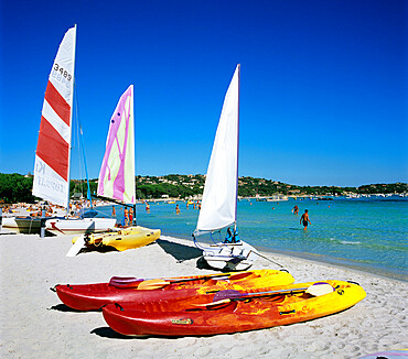 Watersports on beach, Plage de Santa Giulia, southeast coast, Corsica, France, Mediterranean, Europe