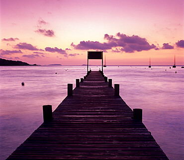 Pier at dawn, Plage de Santa Giulia, South East Corsica, Corsica, France, Mediterranean, Europe