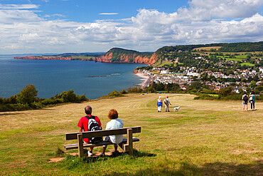 View from Salcombe Hill to town and red cliffs, Sidmouth, Devon, England, United Kingdom, Europe