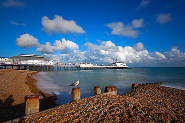 Pebble beach and pier, Eastbourne, East Sussex, England