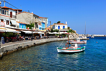 Cafes on harbour, Kokkari, Samos, Aegean Islands, Greece