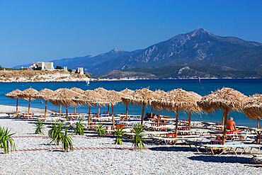 View over beach to Pythagorion castle, Potokaki, Samos, Aegean Islands, Greece