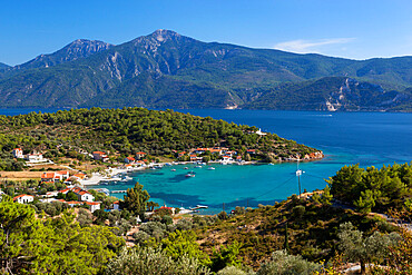 View over east coast village, Posidonio, Samos, Aegean Islands, Greece