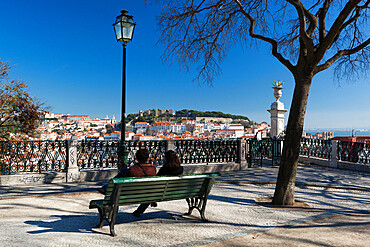 View over city from Miradouro de Sao Pedro de Alcantara, Bairro Alto, Lisbon, Portugal, Europe