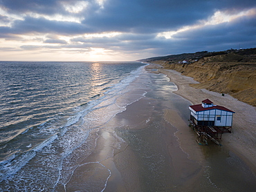 Aerial view of sunset over beach, by drone, Matalascanas, Huelva District, Andalucia, Spain, Europe