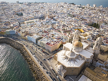 Aerial view of Cadiz Cathedral, by drone, Cadiz, Andalucia, Spain, Europe