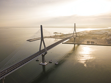 The Constitution of 1812 Bridge at dawn by drone, Cadiz, Andalucia, Spain, Europe