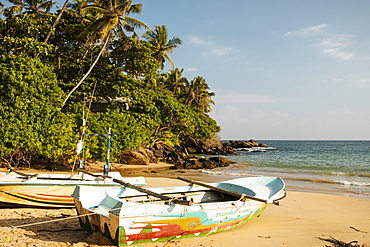 Fishing boats on Devinuwara Beach, Dondra, South Coast, Sri Lanka, Asia