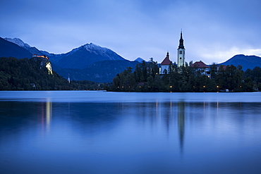 Bled Island with the Church of the Assumption at dusk, Lake Bled, Upper Carniola, Slovenia, Europe