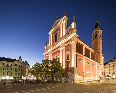 Franciscan Church of the Annunciation illuminated at night, Old Town, Ljubljana, Slovenia, Europe