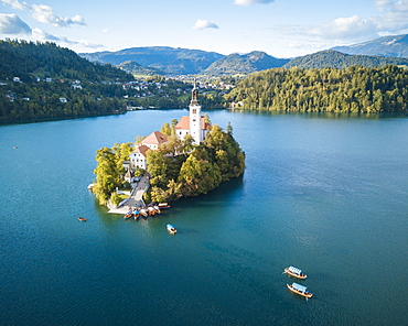 Aerial view by drone of Bled Island with the Church of the Assumption at dawn, Lake Bled, Upper Carniola, Slovenia, Europe