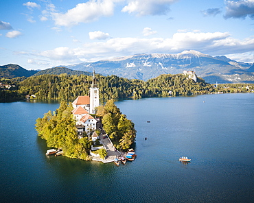 Aerial view by drone of Bled Island with the Church of the Assumption at dawn, Lake Bled, Upper Carniola, Slovenia, Europe