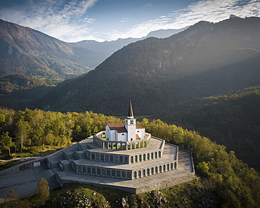 Aerial view by drone of St. Anthony's Sanctuary Caporetto Memorial, Kobarid, Goriska, Slovenia, Europe