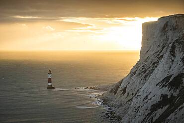 Beachy Head Lighthouse at sunset, East Sussex, England, United Kingdom, Europe