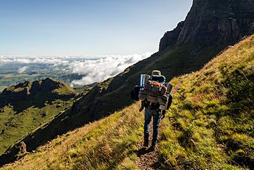 Hiking up to the Amphitheatre, Drakensberg Mountains, Royal Natal National Park, KwaZulu-Natal Province, South Africa