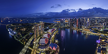 Aerial view of Marina Bay Sands and Singapore City Harbour at night, Singapore, Southeast Asia, Asia