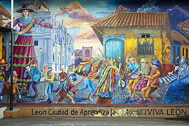 Wall murals depicting the history of Leon, Leon, Leon Department, Nicaragua, Central America