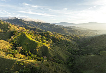 Aerial view of mountains near Atena at dawn, Alajuela Province, Costa Rica, Central America