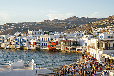 Little Venice at sunset, Chora (Mykonos Town), Mykonos Island, Cyclades, Greek Islands, Greece, Europe