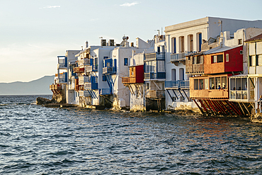 Little Venice at sunset, Chora (Mykonos Town), Mykonos Island, Cyclades, Greek Islands, Greece, Europe