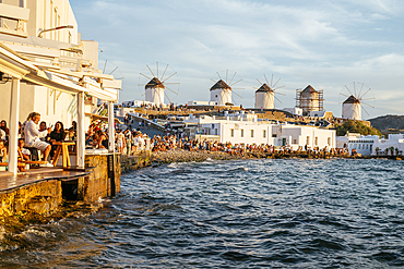 Little Venice at sunset, Chora (Mykonos Town), Mykonos Island, Cyclades, Greek Islands, Greece, Europe